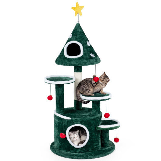 50" Christmas Cat Tree with 2 Condos and Sisal Scratching Post-Green - Color: Green