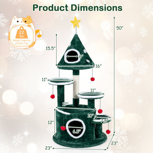 50" Christmas Cat Tree with 2 Condos and Sisal Scratching Post-Green - Color: Green
