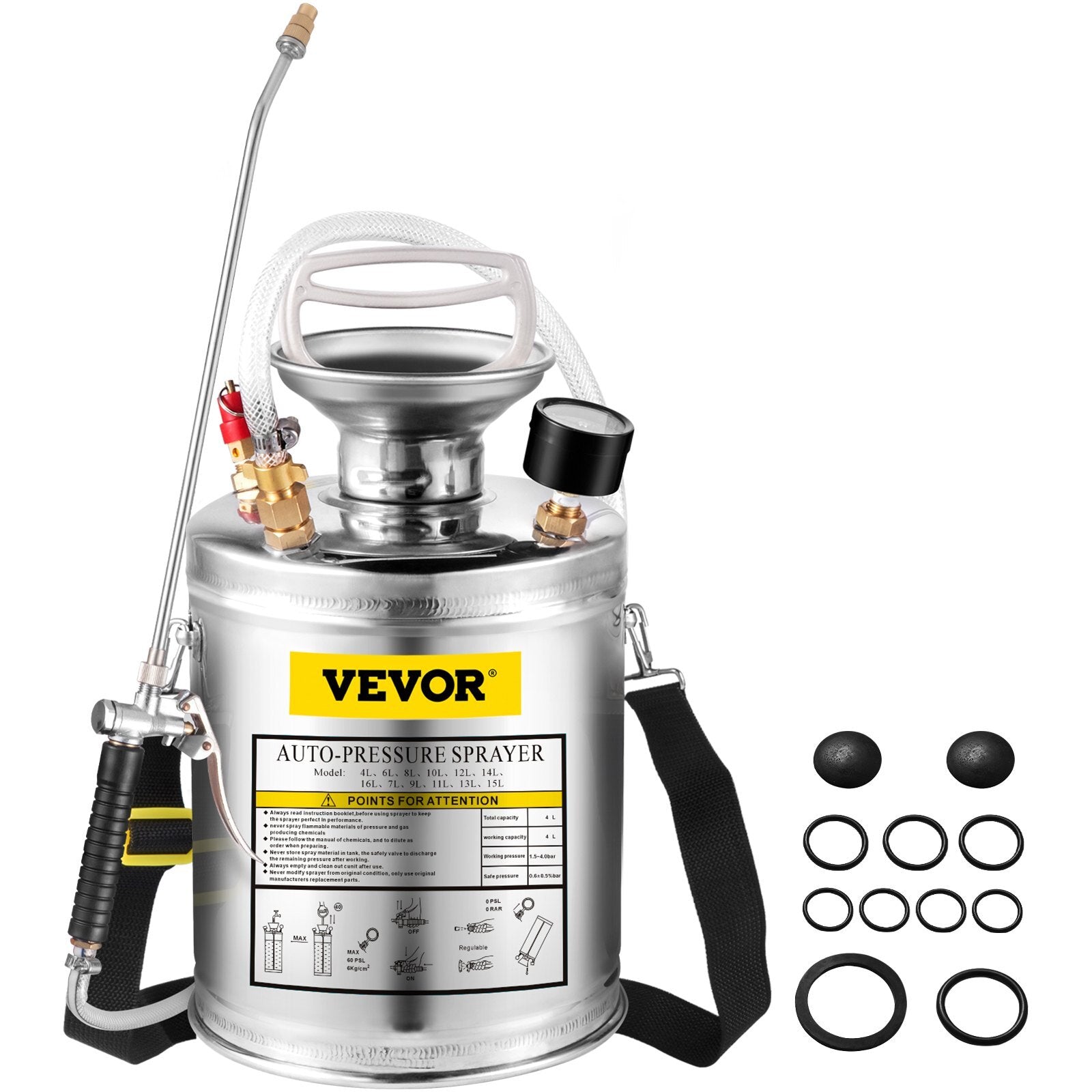 1 Gallon Stainless Steel Sprayer, 12" Wand & 3FT Reinforced Hose, Hand Pump Sprayer with Pressure Gauge, Safety Valve & Adjustable Nozzle, Garden Weed Sprayer for Lawn, Gardening, Sanitizing