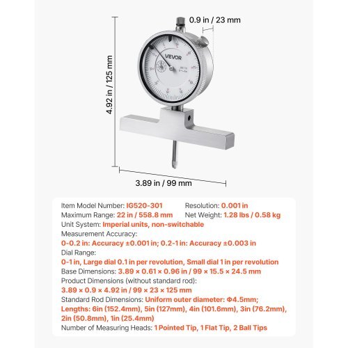 Depth Gauge, Depth Micrometer 0-22 inch Measuring Range, 0.001" Resolution, with 4 Anvils & 6 Standard Rods, Precision Easy to Read Mechanical Tool for Measuring Groove, Step, Hole