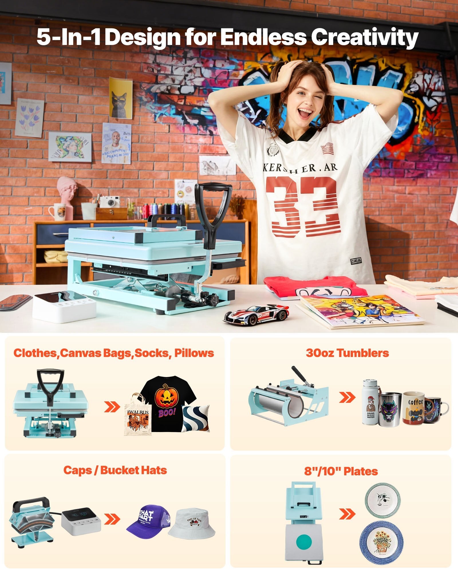 Hybrid Heat Press, 15 x 15 inch, 5-in-1 Multifunction, Heat Up Fast and Even, All-New Patented Design, Easy to Control, Sublimation Press Machine for T-shirts/Tumblers/Caps/Plates, Light Green
