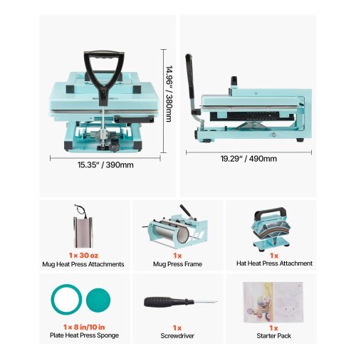 Hybrid Heat Press, 15 x 15 inch, 5-in-1 Multifunction, Heat Up Fast and Even, All-New Patented Design, Easy to Control, Sublimation Press Machine for T-shirts/Tumblers/Caps/Plates, Light Green