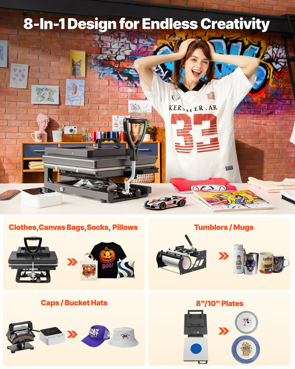 Hybrid Heat Press, 15 x 15 inch, 8-in-1 Multifunction, Heat Up Fast and Even, All-New Patented Design, Easy to Control, Sublimation Press Machine for T-shirts/Mugs/Tumblers/Caps/Plates, Black