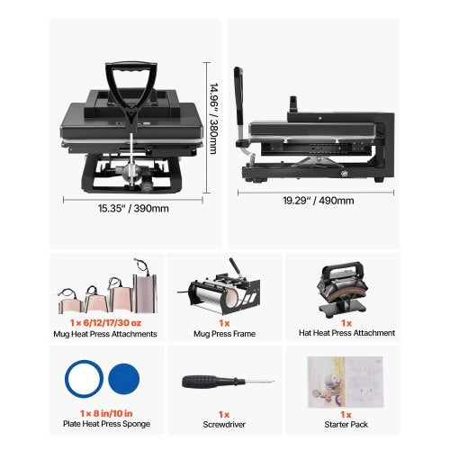 Hybrid Heat Press, 15 x 15 inch, 8-in-1 Multifunction, Heat Up Fast and Even, All-New Patented Design, Easy to Control, Sublimation Press Machine for T-shirts/Mugs/Tumblers/Caps/Plates, Black