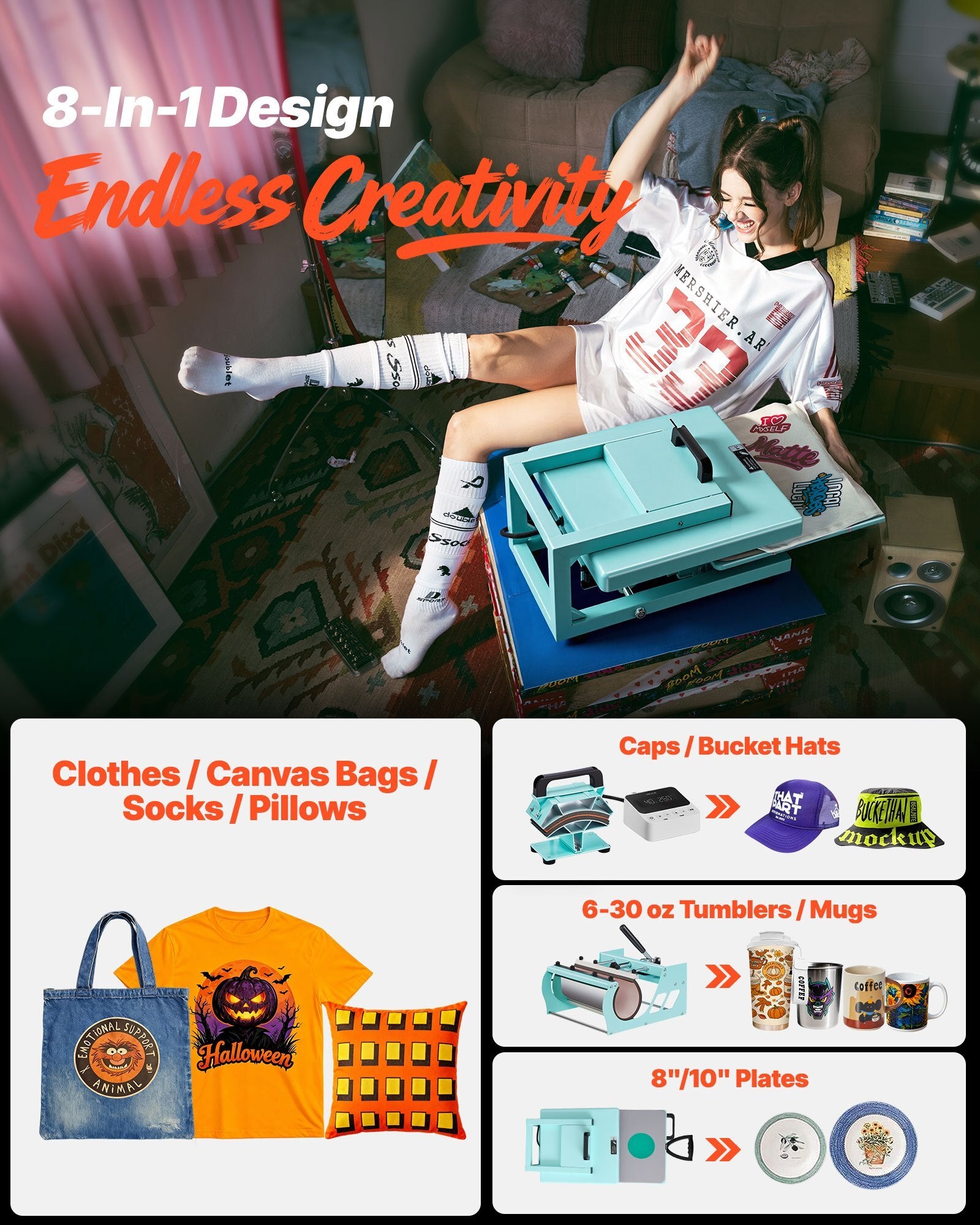 Hybrid Heat Press, 15 x 15 inch, 8-in-1 Multifunction, Heat Up Fast and Even, All-New Patented Design, Easy to Control, Sublimation Press Machine for T-shirts/Tumblers/Caps/Plates, Light Green