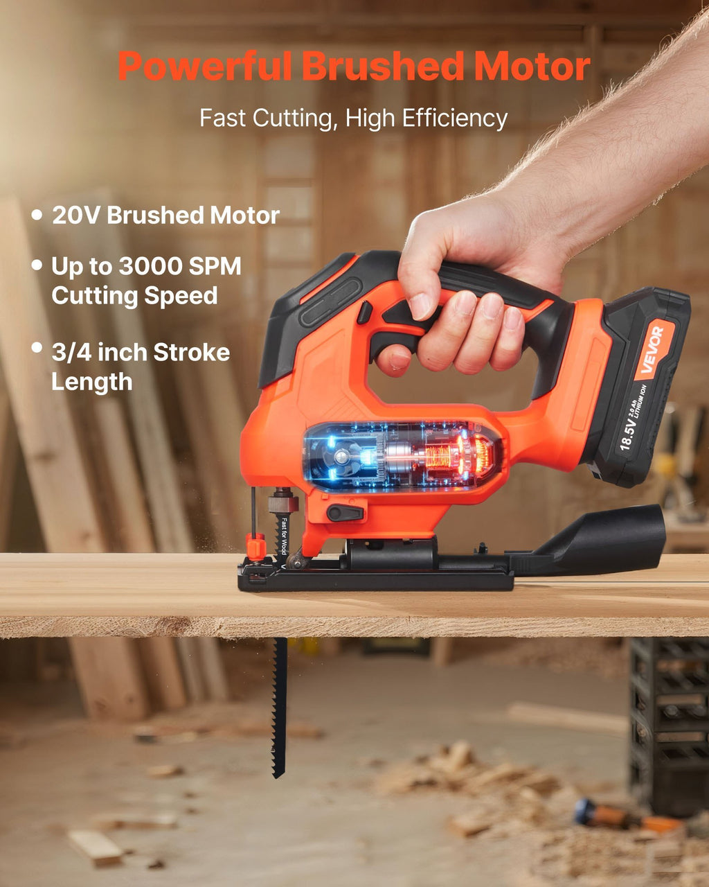 Cordless Jig Saw, 20 V, 3000 SPM Blade Speed, Cordless Jigsaw with Battery and Charger, LED Light, 6 Variable Speed, 0- 45? Bevel Cuts, with 6 pcs Blades, 4 Orbital Settings, for Wood, Metal