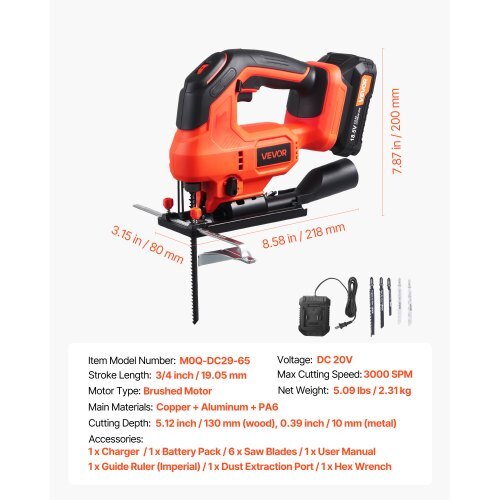 Cordless Jig Saw, 20 V, 3000 SPM Blade Speed, Cordless Jigsaw with Battery and Charger, LED Light, 6 Variable Speed, 0- 45? Bevel Cuts, with 6 pcs Blades, 4 Orbital Settings, for Wood, Metal