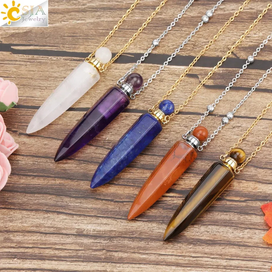 Metal color: Antique Bronze Plated - CSJA Crystal Perfume Bottle Women Necklace Natural Stone Hexagonal Cone Pendant Reiki Oil Diffuser Necklaces Christmas Gift H358