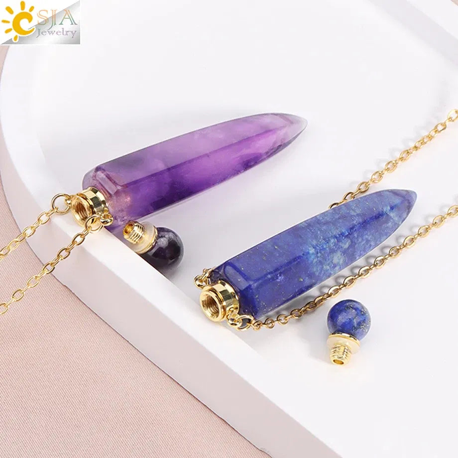 Metal color: Antique Bronze Plated - CSJA Crystal Perfume Bottle Women Necklace Natural Stone Hexagonal Cone Pendant Reiki Oil Diffuser Necklaces Christmas Gift H358