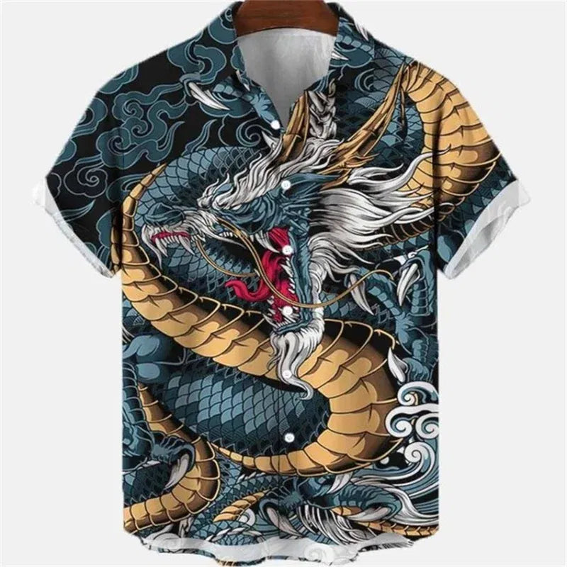 Color: CORAL RED, Size: L - Summer Men's Dragon Pattern Element Shirt Social Casual Vintage Hawaiian Shirt 2023 New Oversize Short Sleeve Street Clothing