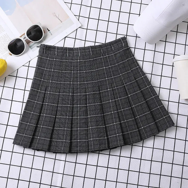 Color: Dark Grey, Size: M - Summer Skirt For Women 2023 Korean Style Clothes Preppy Girls Chic And Elegant  Aesthetic Female A Line Mini Plaid Pleated Skirt