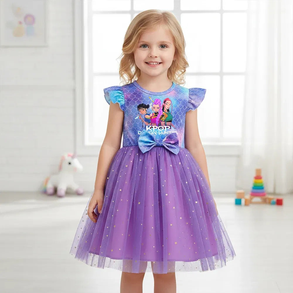 Color: PURPLE, Size: One Size, Ships From: CHINA, Height: 158 - KPop Demon Hunter Christmas Princess Dress Girl Fashion Casual Autumn Butterfly Dress Wedding Birthday Party Dress Gift Clothes