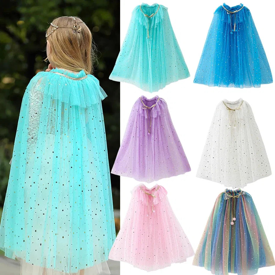 Color: Lavender, Kid Size: 3T - Little Girls Sequins Tulle Cape Children Princess Party Dress Up Cloaks Summer Thin Blue Pink White Halloween Birthday Costumes