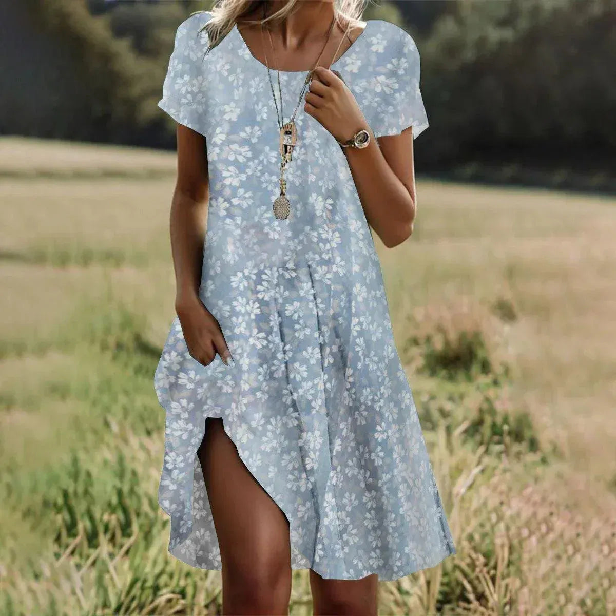 Color: Light  Blue, Size: XL - Women Loose Ruffles Befree Dress Sexy Summer Short Sleeve Boho Casual Night Holiday Party Elegant Dresses