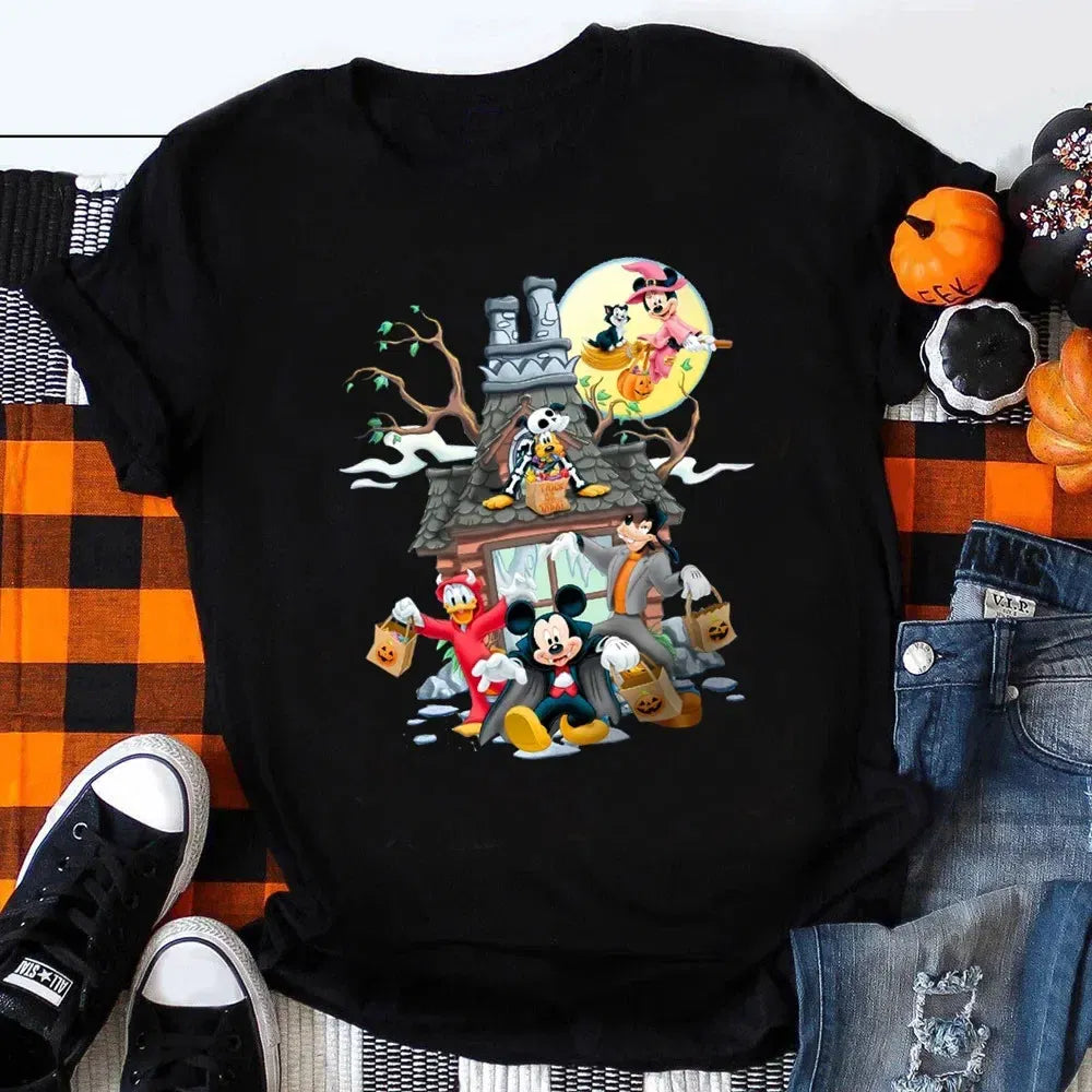 Color: army green, Kid Size: 4T - Funny Mickey Minnie Mummy Print Disney Children Cotton T Shirts Trick Treat Fashion Halloween Cute Kid Clothes Girls Streetwear