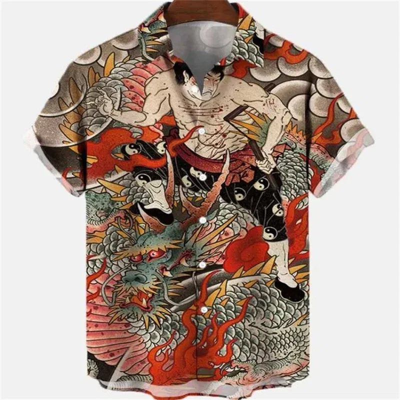 Color: CORAL RED, Size: L - Summer Men's Dragon Pattern Element Shirt Social Casual Vintage Hawaiian Shirt 2023 New Oversize Short Sleeve Street Clothing