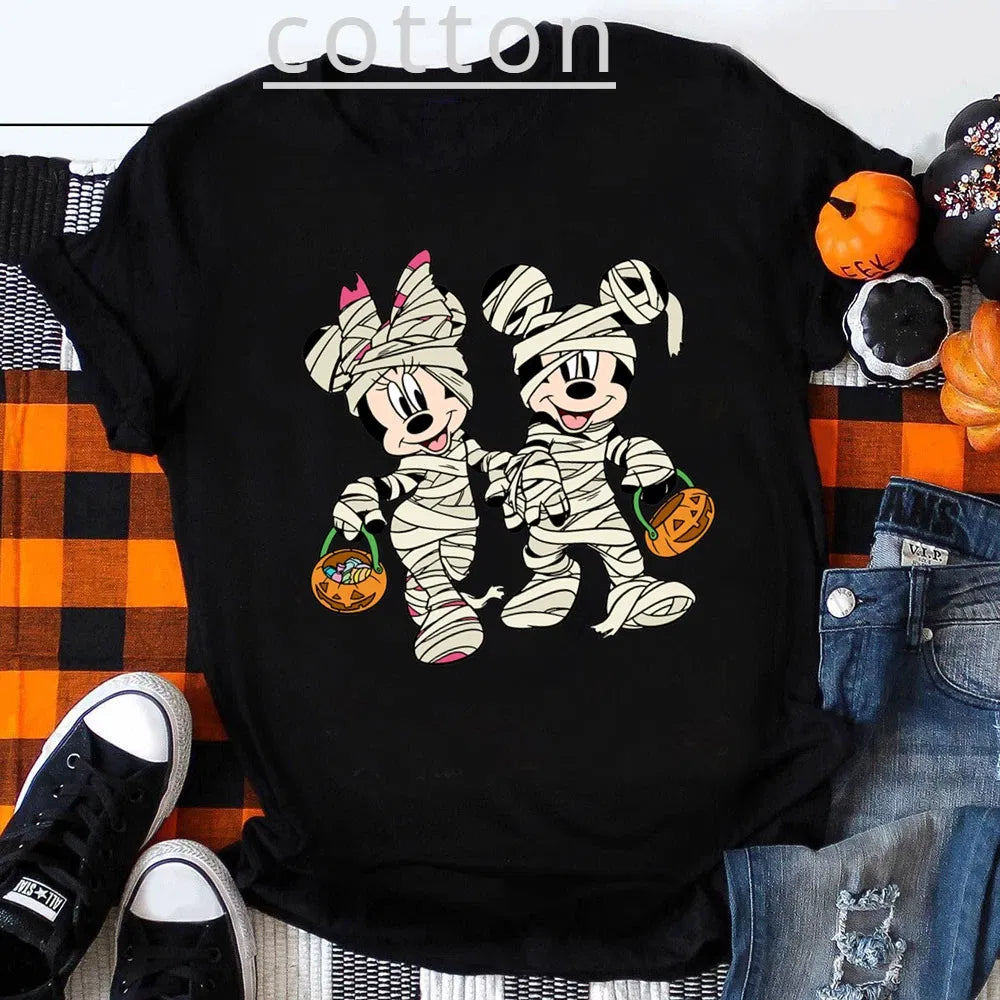 Color: army green, Kid Size: 4T - Funny Mickey Minnie Mummy Print Disney Children Cotton T Shirts Trick Treat Fashion Halloween Cute Kid Clothes Girls Streetwear