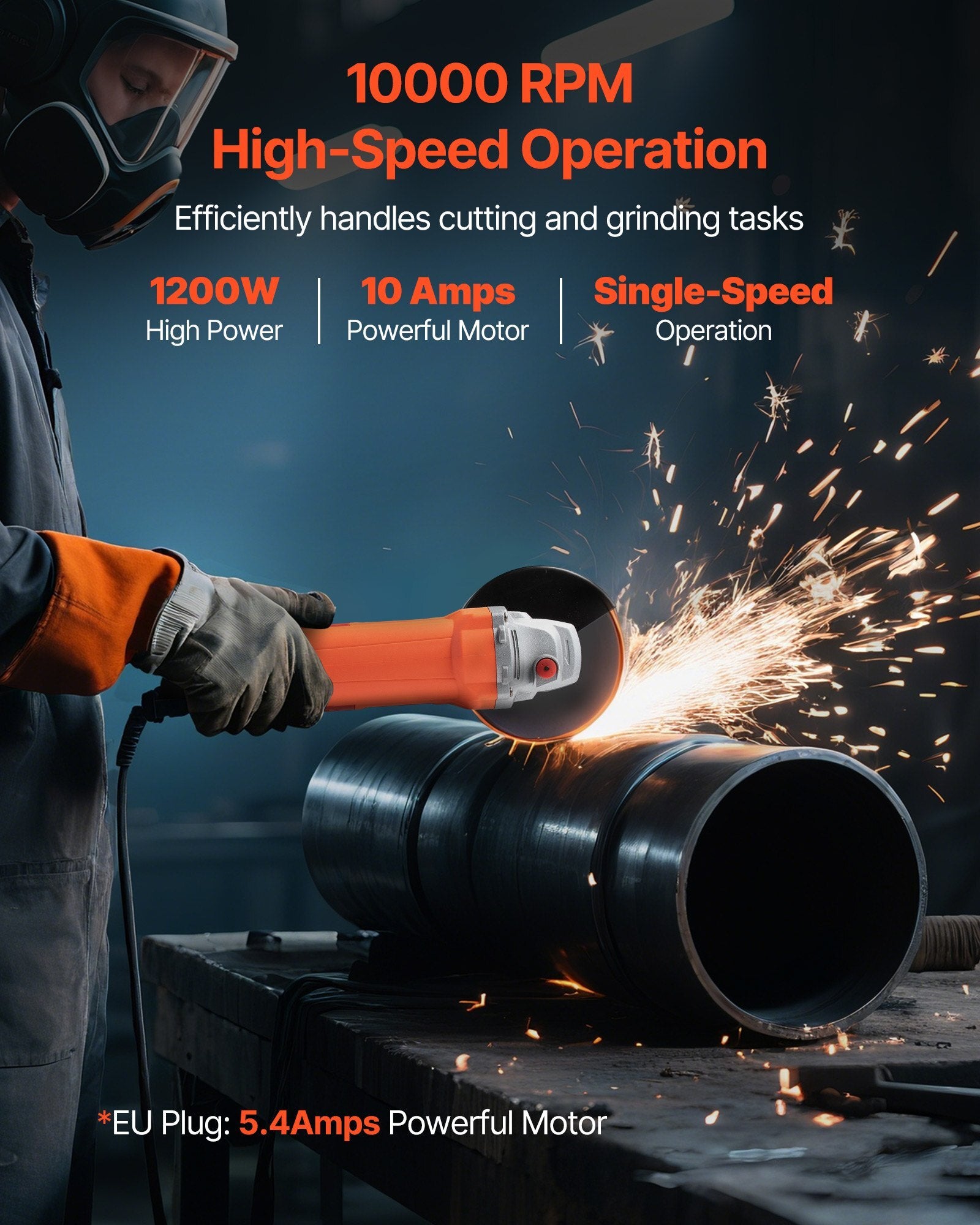 Angle Grinder, 5" Electric Grinder Power Tool, 10Amps 10000RPM High-Speed Corded Angle Grinders with 230? Adjustable Dust Guard for Metal Grinding, Cutting, Rust Removal (Disc Not Included)
