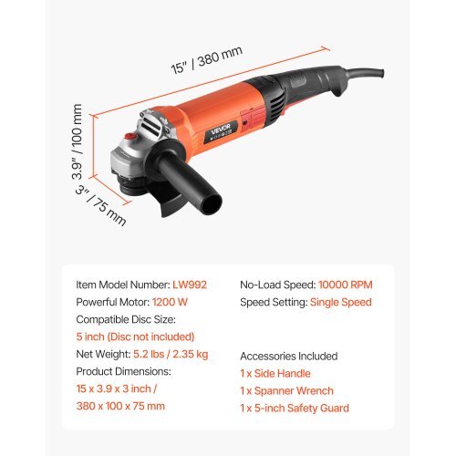 Angle Grinder, 5" Electric Grinder Power Tool, 10Amps 10000RPM High-Speed Corded Angle Grinders with 230? Adjustable Dust Guard for Metal Grinding, Cutting, Rust Removal (Disc Not Included)