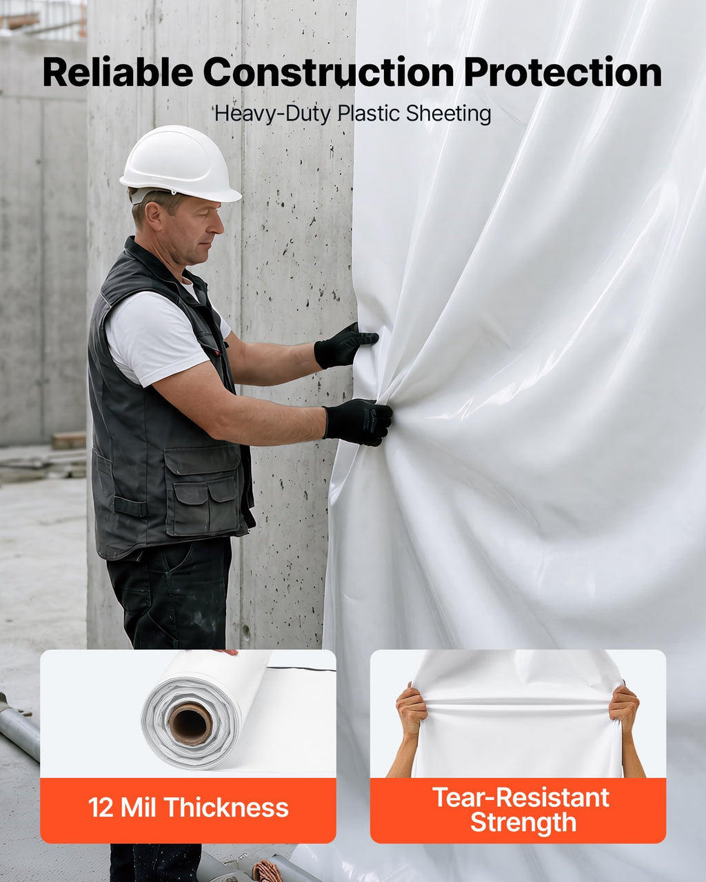12 Mil Plastic Sheeting 10' x 100' Heavy Duty Thick Polyethylene Roll, Plastic Drop Cloth Painters Tarp, Polyethylene Covering for Crawl Space Vapor Barrier, Weed Control, Garden, Black & White