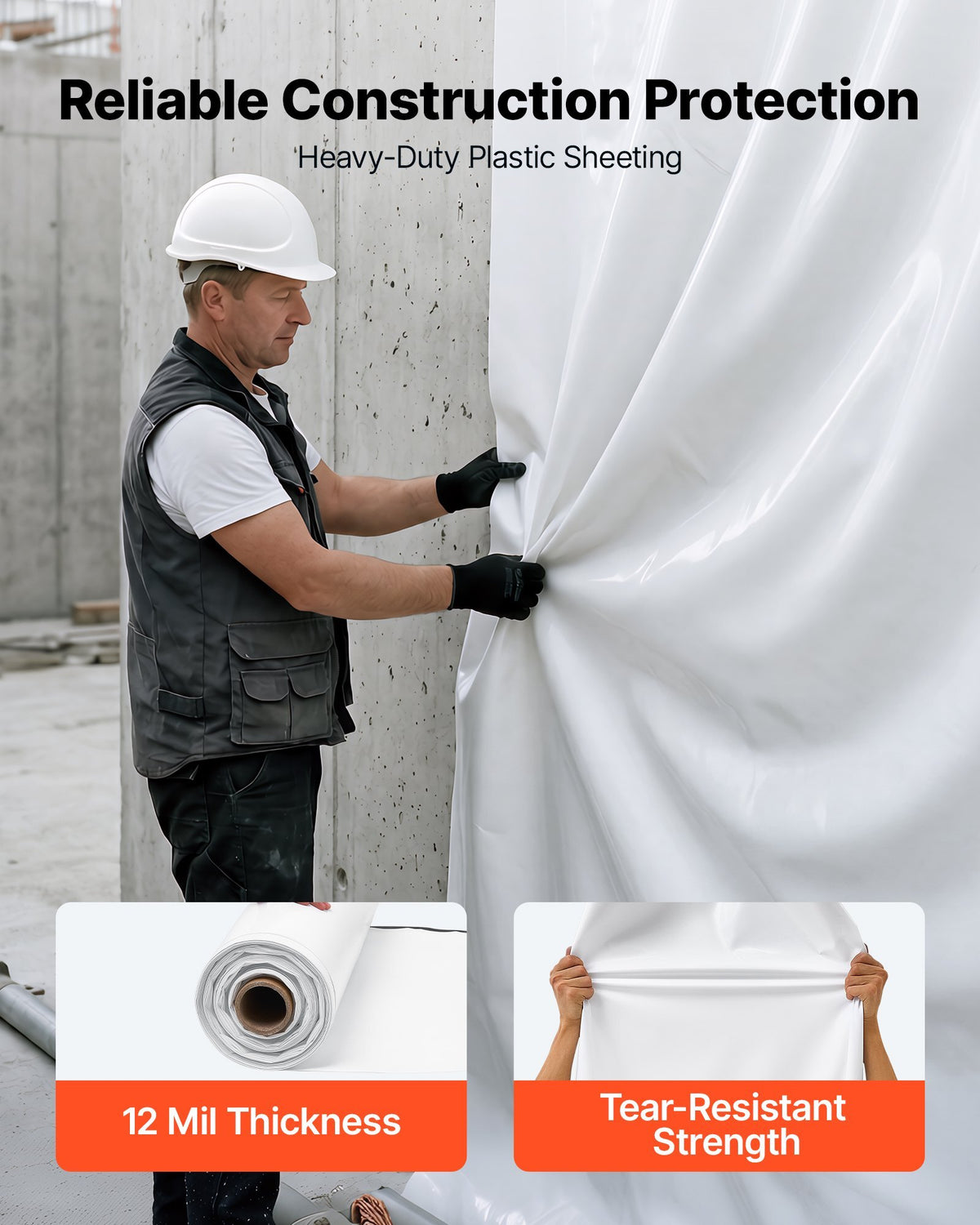 12 Mil Plastic Sheeting 10' x 100' Heavy Duty Thick Polyethylene Roll, Plastic Drop Cloth Painters Tarp, Polyethylene Covering for Crawl Space Vapor Barrier, Weed Control, Garden, Black & White