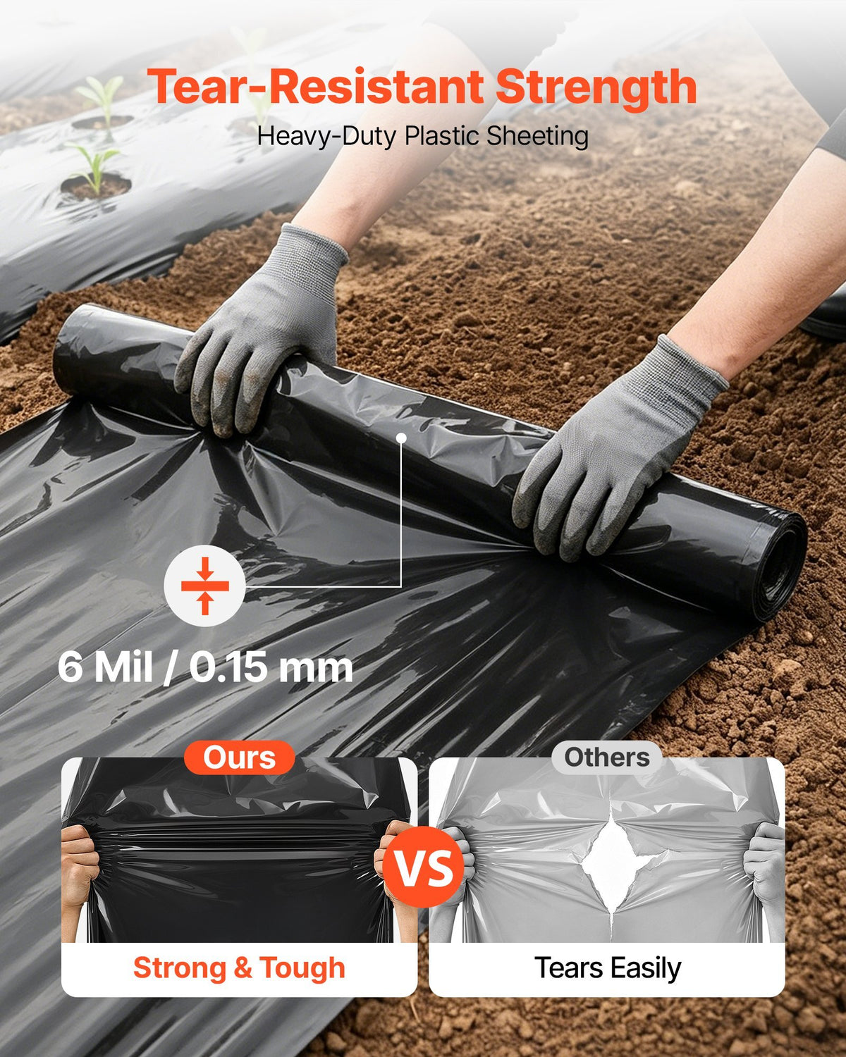 6 Mil Plastic Sheeting 10' x 25' Black Heavy Duty Polyethylene Roll, Thick Plastic Roll for Garden, Drop Cloth Painters Tarp, Polyethylene Covering for Crawl Space Vapor Barrier, Weed Control
