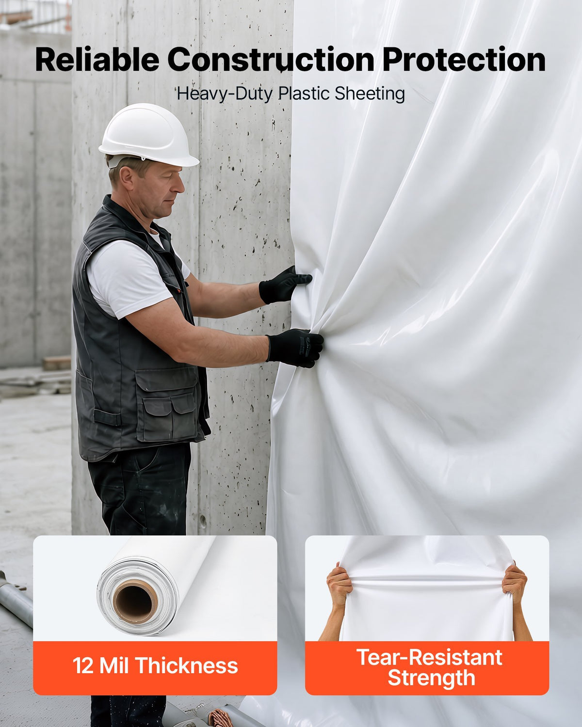 12 Mil Plastic Sheeting 10' x 50' Heavy Duty Thick Polyethylene Roll, Plastic Drop Cloth Painters Tarp, Polyethylene Covering for Crawl Space Vapor Barrier, Weed Control, Garden, Black & White