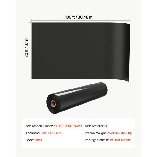 6 Mil Plastic Sheeting 20' x 100' Black Heavy Duty Polyethylene Roll, Thick Plastic Roll for Garden, Drop Cloth Painters Tarp, Polyethylene Covering for Crawl Space Vapor Barrier, Weed Control