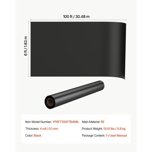 4 Mil Plastic Sheeting 6' x 100' Black Heavy Duty Polyethylene Roll, Thick Plastic Roll for Garden, Drop Cloth Painters Tarp, Polyethylene Covering for Crawl Space Vapor Barrier, Weed Control