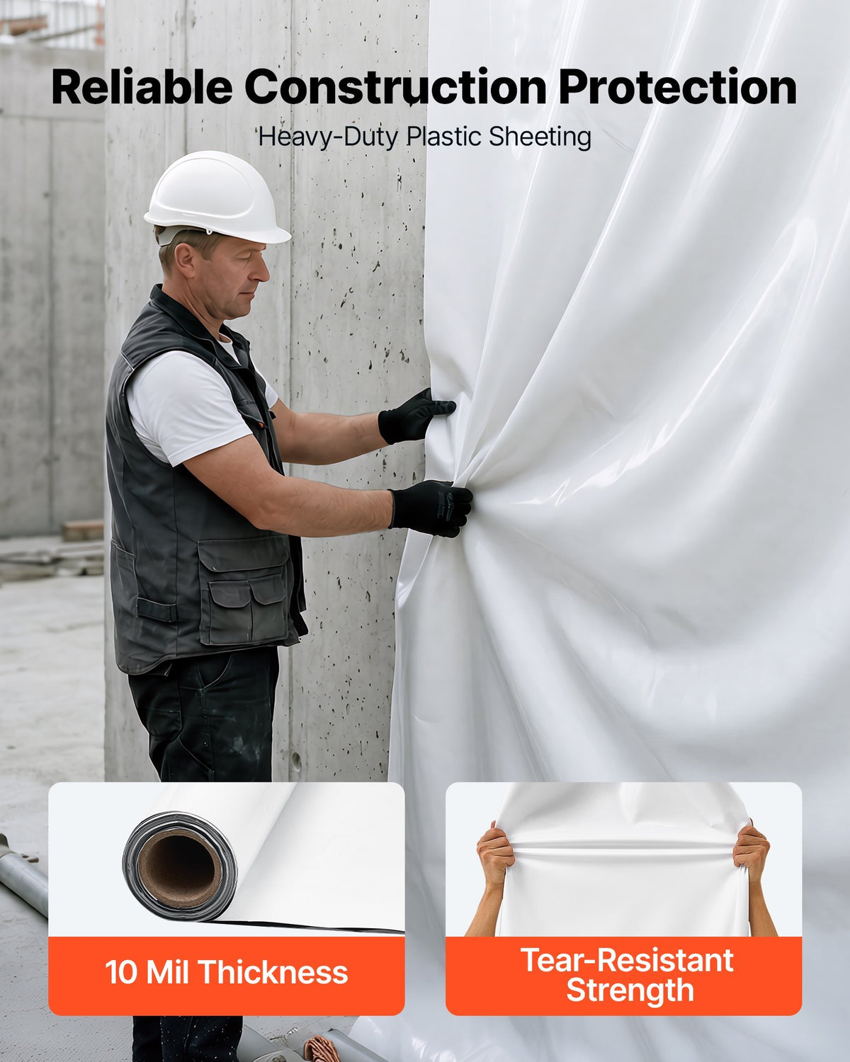 10 Mil Plastic Sheeting 6' x 50' Heavy Duty Thick Polyethylene Roll, Plastic Drop Cloth Painters Tarp, Polyethylene Covering for Crawl Space Vapor Barrier, Weed Control, Garden, Black & White