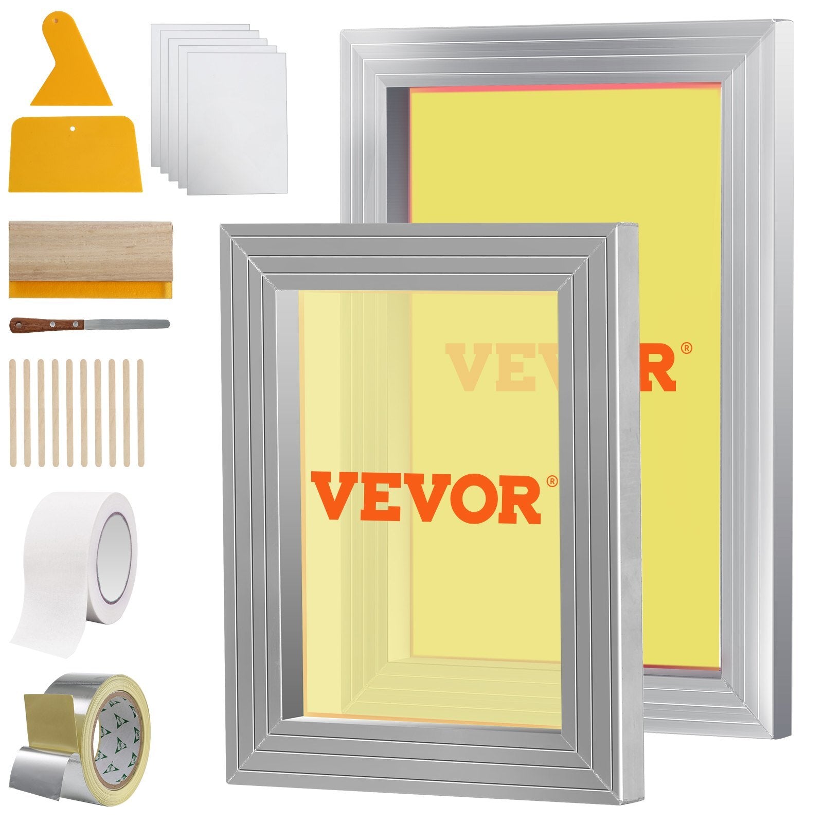 Screen Printing Kit, 2 Pieces Aluminum Silk Screen Printing Frames 8x10/10x14in 110 Count Mesh, 2 Tapes and Screen Printing Squeegees and Transparency Films for T-shirts DIY Printing