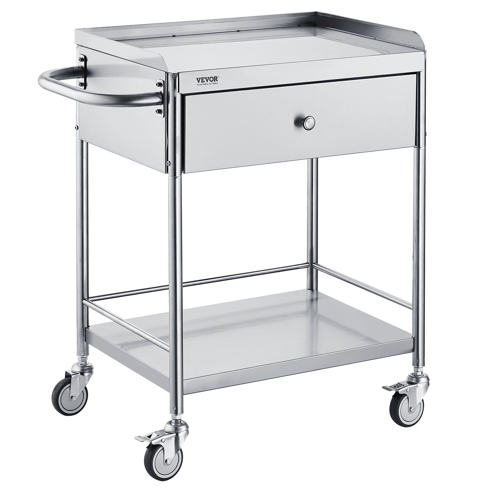 Medical Cart, 2-Layer Stainless Steel Cart 220 lbs Weight Capacity, Lab Utility Cart with 360 Silent Wheels and a Drawer for Lab, Clinic, Kitchen, Salon