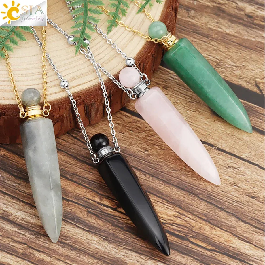 Metal color: Antique Bronze Plated - CSJA Crystal Perfume Bottle Women Necklace Natural Stone Hexagonal Cone Pendant Reiki Oil Diffuser Necklaces Christmas Gift H358