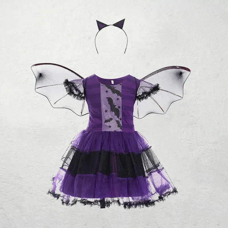 Halloween Children Purple Vampire Costume Girls Dress Kids Clothes Baby Bat Spider Party Cosplay Headband +Wing Outfit