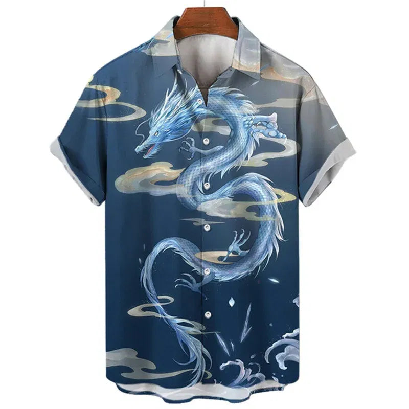 Color: CORAL RED, Size: L - Summer Men's Dragon Pattern Element Shirt Social Casual Vintage Hawaiian Shirt 2023 New Oversize Short Sleeve Street Clothing