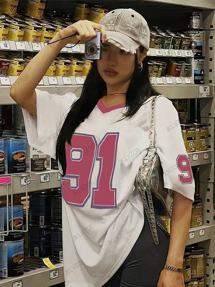 Color: black, Size: XXXL - 2025 Summer New Retro No.91 Printed T-Shirt For Women V-Neck Short Sleeve Sports Football Jersey Y2K Loose Oversized Tops