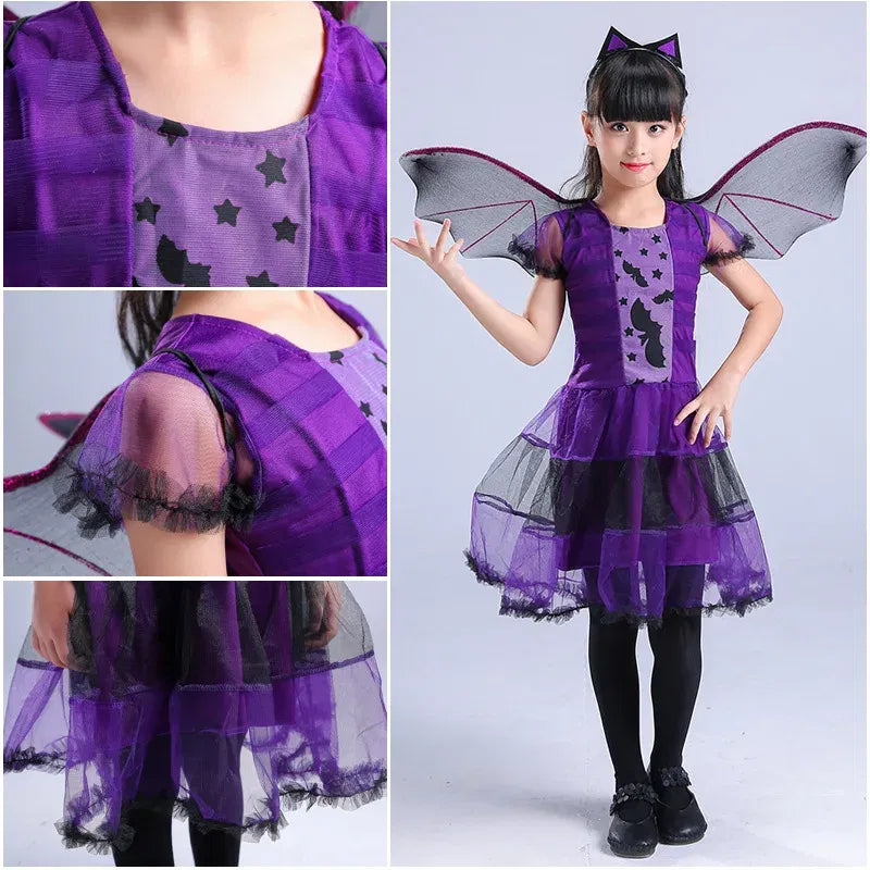Halloween Children Purple Vampire Costume Girls Dress Kids Clothes Baby Bat Spider Party Cosplay Headband +Wing Outfit