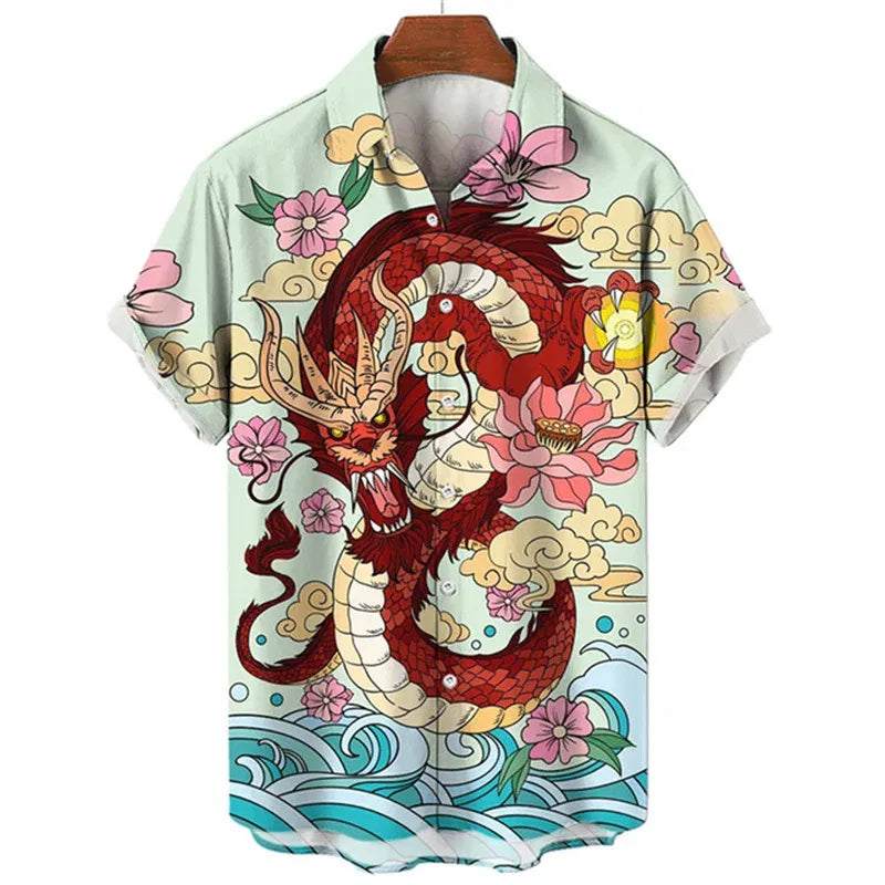 Color: CORAL RED, Size: L - Summer Men's Dragon Pattern Element Shirt Social Casual Vintage Hawaiian Shirt 2023 New Oversize Short Sleeve Street Clothing