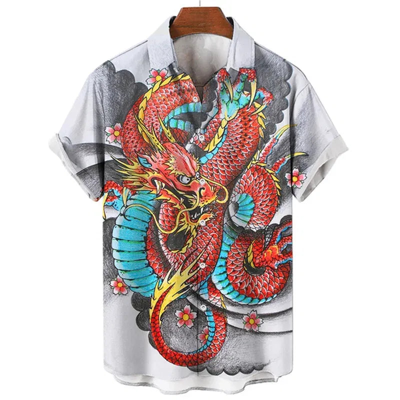 Color: CORAL RED, Size: L - Summer Men's Dragon Pattern Element Shirt Social Casual Vintage Hawaiian Shirt 2023 New Oversize Short Sleeve Street Clothing