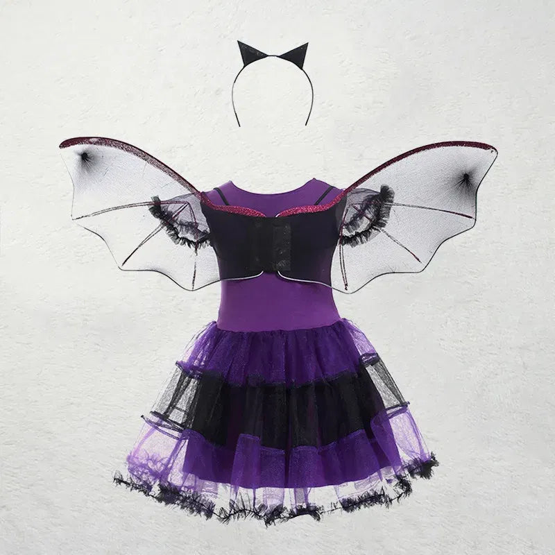 Halloween Children Purple Vampire Costume Girls Dress Kids Clothes Baby Bat Spider Party Cosplay Headband +Wing Outfit