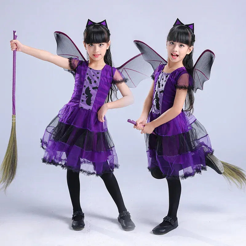 Halloween Children Purple Vampire Costume Girls Dress Kids Clothes Baby Bat Spider Party Cosplay Headband +Wing Outfit