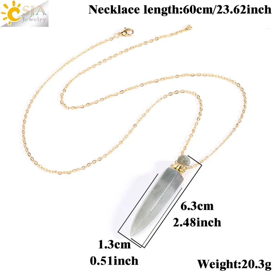 Metal color: Antique Bronze Plated - CSJA Crystal Perfume Bottle Women Necklace Natural Stone Hexagonal Cone Pendant Reiki Oil Diffuser Necklaces Christmas Gift H358
