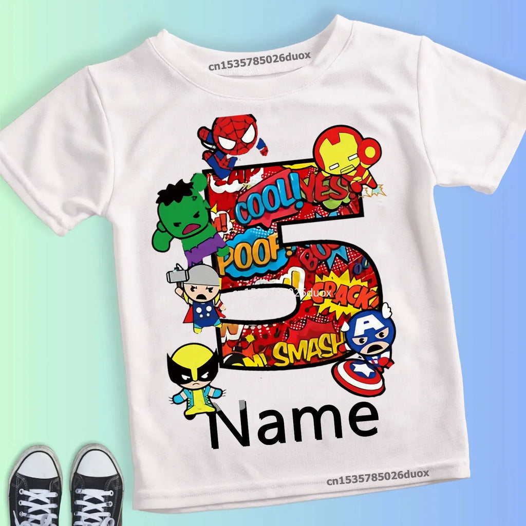 Color: black, Kid Size: 3T???? - Summer 2024 3 4 5 6 7 8 9 Marvel SuperHero Birthday Girl Short Sleeved T-shirt The Avengers Personalize Name Birthday Boy Shirt