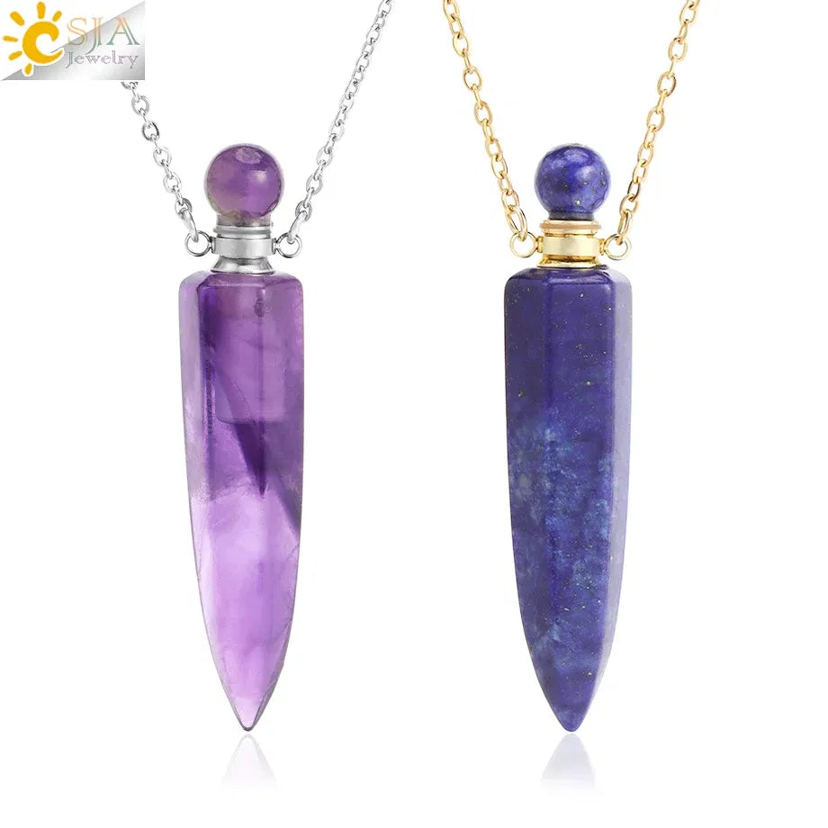 Metal color: Antique Bronze Plated - CSJA Crystal Perfume Bottle Women Necklace Natural Stone Hexagonal Cone Pendant Reiki Oil Diffuser Necklaces Christmas Gift H358