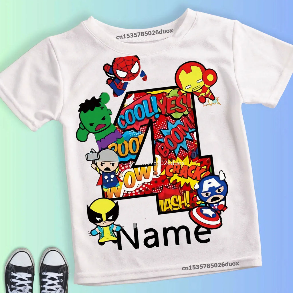Color: black, Kid Size: 3T???? - Summer 2024 3 4 5 6 7 8 9 Marvel SuperHero Birthday Girl Short Sleeved T-shirt The Avengers Personalize Name Birthday Boy Shirt