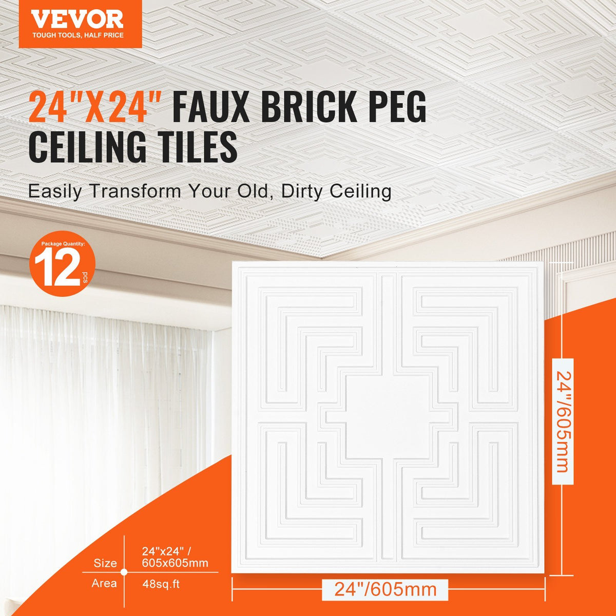 Ceiling Tiles, 12-Pack 24 x 24 in, Drop Ceiling Tiles Premium PVC Sheet, Easy Installation/ Cutting Plastic Glue-up Ceiling Tile, Ceiling Covering for Home/Office Decoration, White Echo Pattern