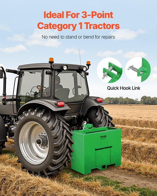 Ballast Box, 3-Point Category 1 Tractor Ballast of 800lbs Capacity, for 2 Inch Hitch Receiver, Heavy-Duty Steel 4.3 ft Large Volume Loader Attachment with Sliding Door, Green