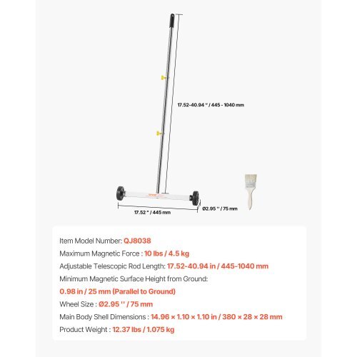 Magnetic Sweeper with Wheels, 17 inch, 10 lbs Load Capacity, Lightweight Magnetic Pickup Sweeper with Adjustable Handle, Pick Up Nails and Screws, Easy Cleanup for Garages, Roofing Projects