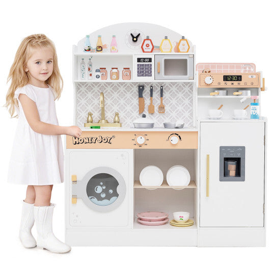 Kids Kitchen Set Wooden with Coffee Makers and Accessories-White - Color: White