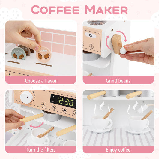Kids Kitchen Set Wooden with Coffee Makers and Accessories-White - Color: White